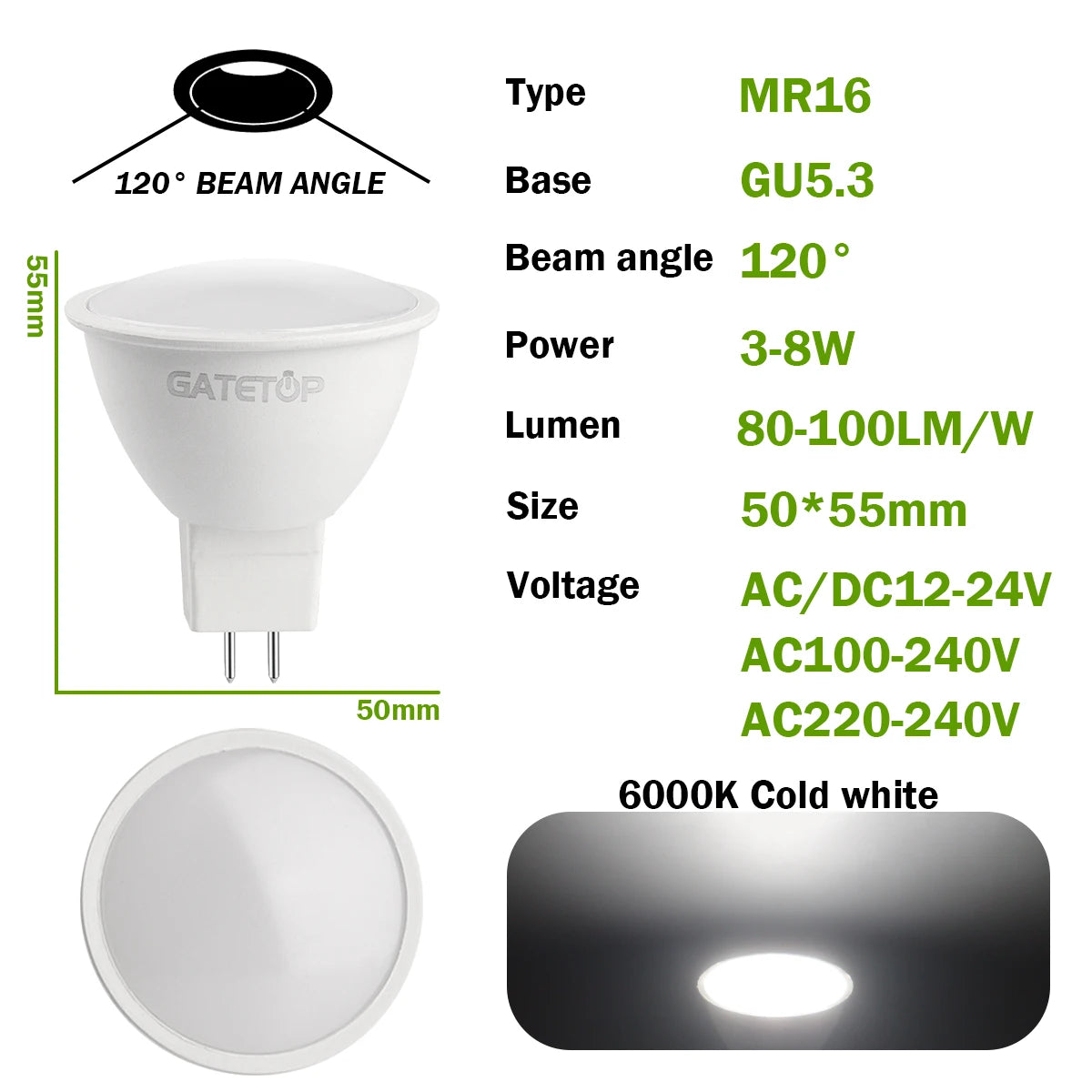 10-Pack MR16 GU5.3 LED Spotlight Bulbs, Compatible with 50W Halogen, AC 110V/220V/12V, Ideal for Home Lighting