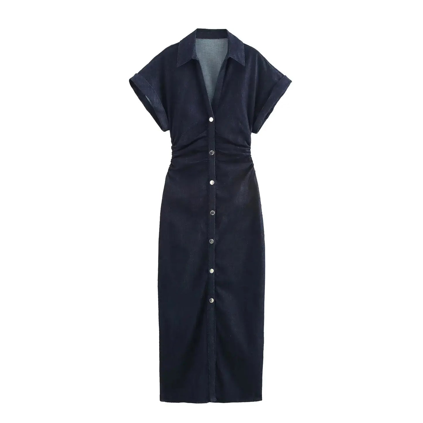 2025 Traf Spring New 1975 Series Denim MIDI Dress with Lapel Side Zipper Fashion Wrinkle Waist Slim Elegant Dress