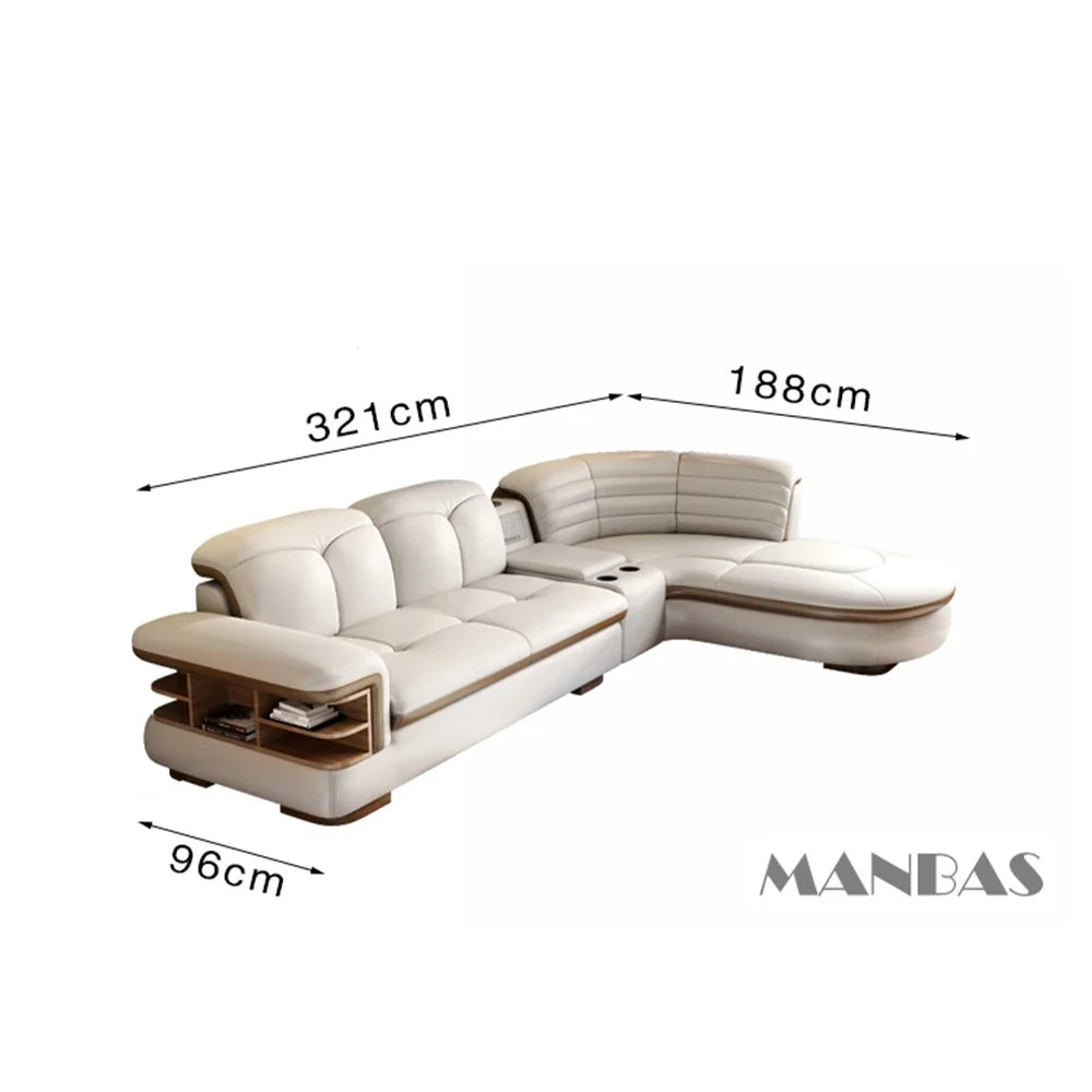 Luxury L-Shaped Genuine Leather Sectional Sofa Sets with USB, Bluetooth Speaker - Living Room Italian Leather Couches