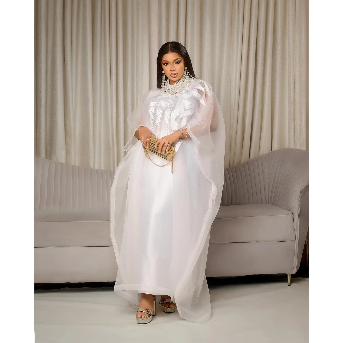 African Attire for Women White Abaya Embroidery plus Size Elegant Party Church Dress