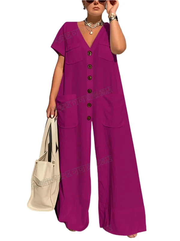 New Summer V-Neck Single-Breasted Women'S Jumpsuits Fashion Pocket Elegant Office Rompers Casual Loose Oversized Women Jumpsuit