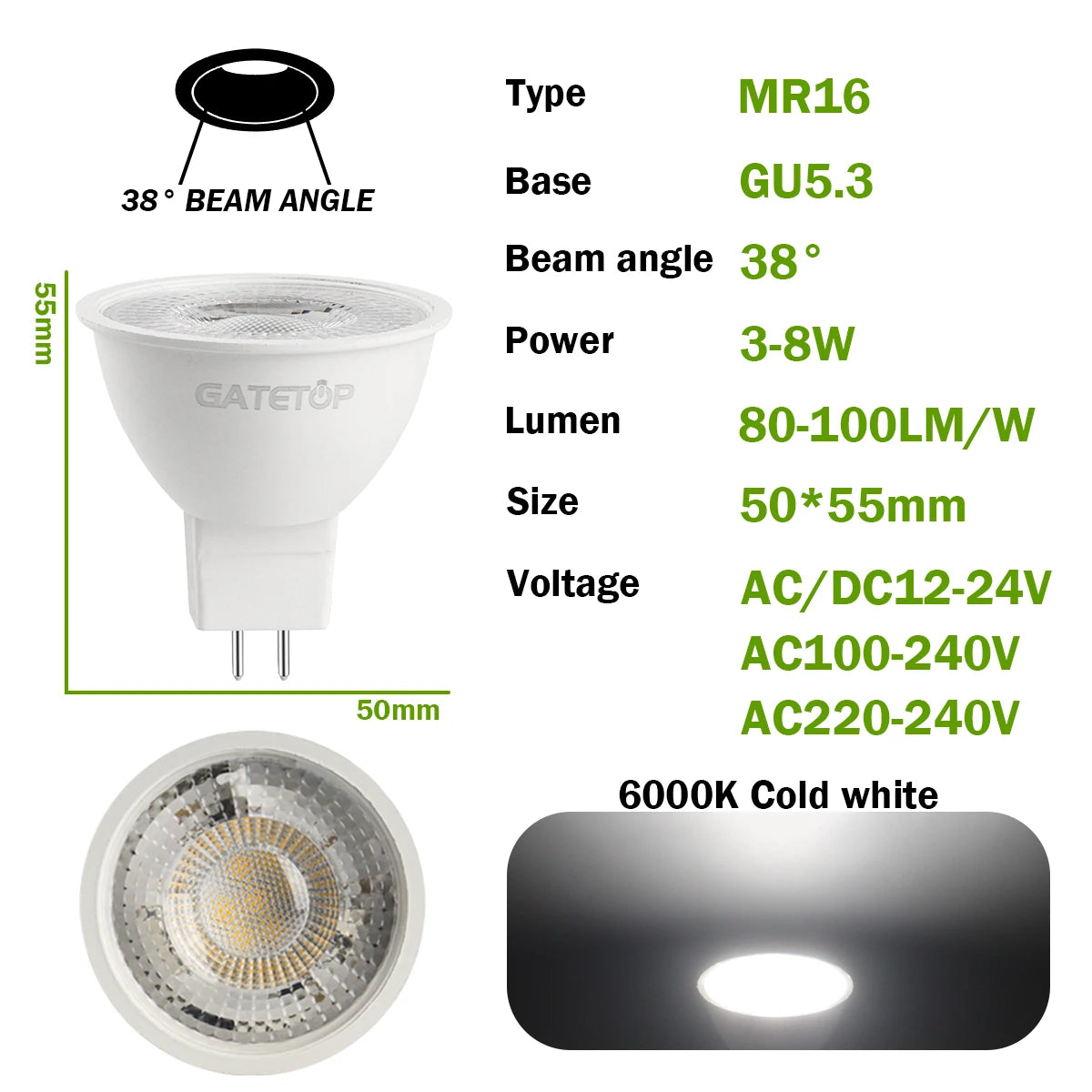 10-Pack MR16 GU5.3 LED Spotlight Bulbs, Compatible with 50W Halogen, AC 110V/220V/12V, Ideal for Home Lighting