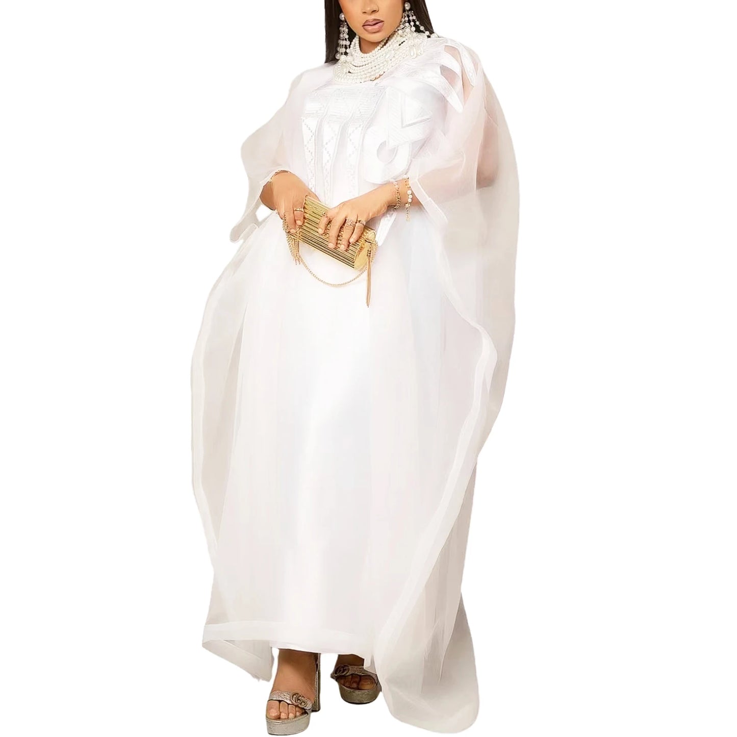 African Attire for Women White Abaya Embroidery plus Size Elegant Party Church Dress