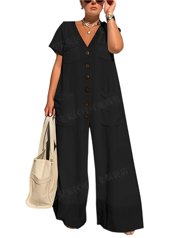 New Summer V-Neck Single-Breasted Women'S Jumpsuits Fashion Pocket Elegant Office Rompers Casual Loose Oversized Women Jumpsuit