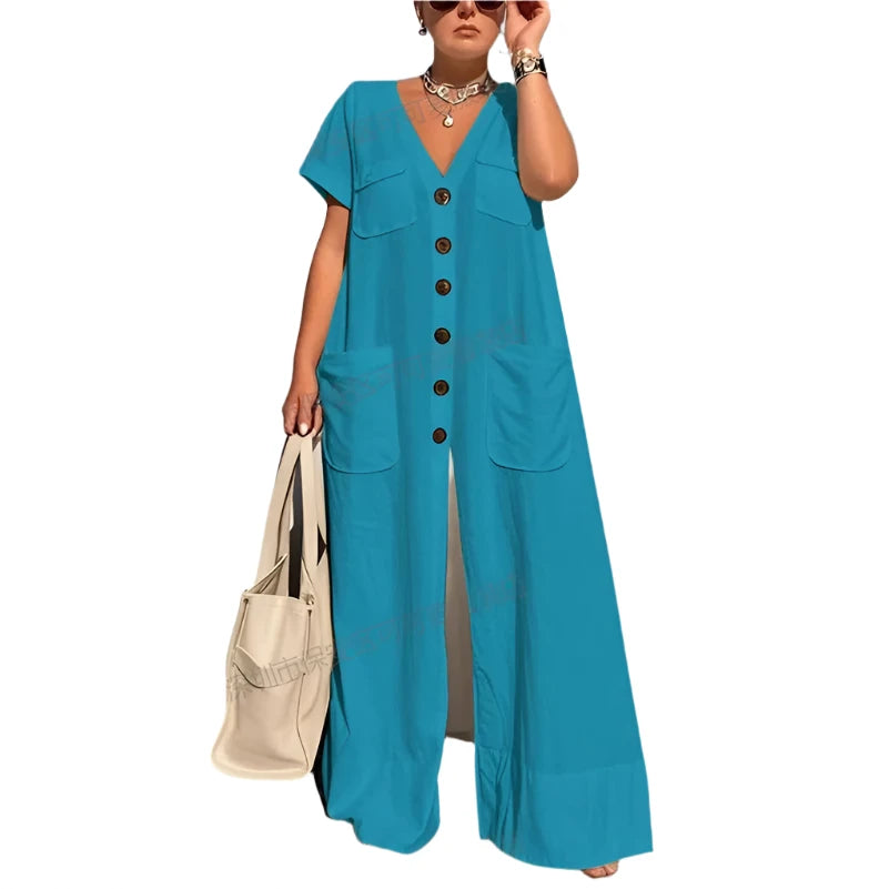 New Summer V-Neck Single-Breasted Women'S Jumpsuits Fashion Pocket Elegant Office Rompers Casual Loose Oversized Women Jumpsuit