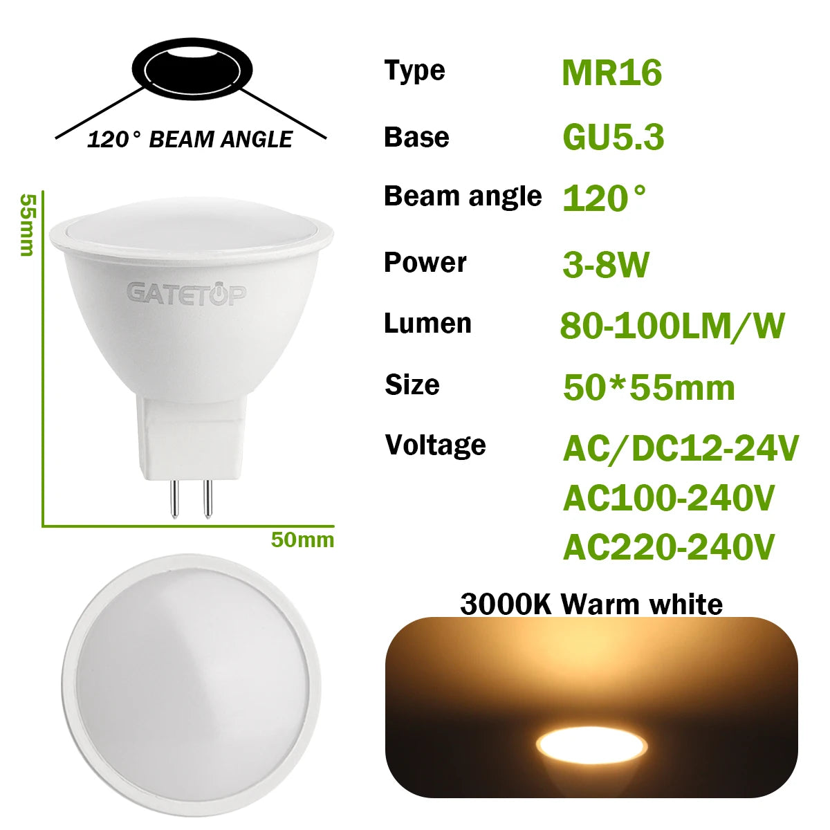 10-Pack MR16 GU5.3 LED Spotlight Bulbs, Compatible with 50W Halogen, AC 110V/220V/12V, Ideal for Home Lighting