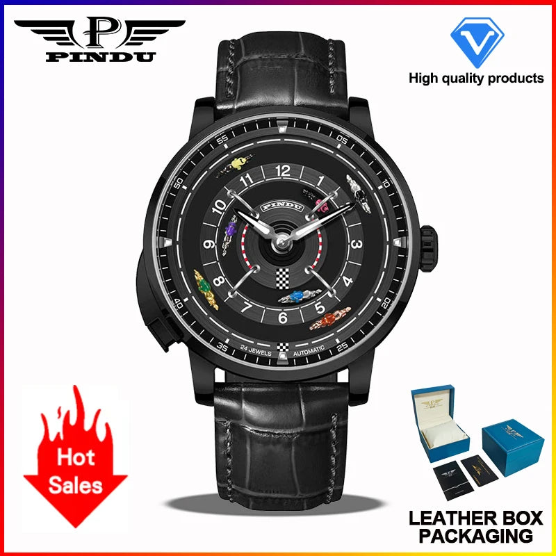 PINDU New Horse Racing Series Men Mechanical Watch NH35 Movement Horse Racing Wheel Game Design Sapphire 50M Waterproof Watch