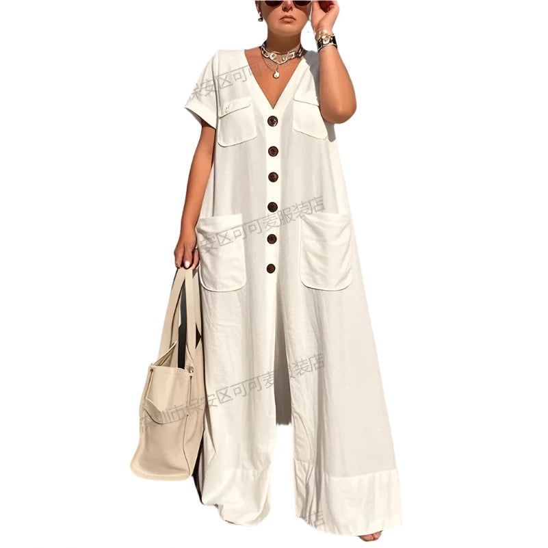 New Summer V-Neck Single-Breasted Women'S Jumpsuits Fashion Pocket Elegant Office Rompers Casual Loose Oversized Women Jumpsuit