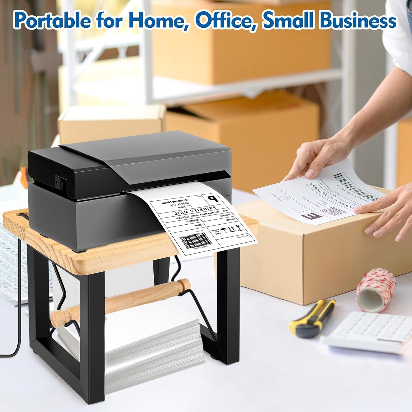 Label Holder for Rolls and Fan-Fold Labels, Wooden Desktop Printer Label Organiser for Thermal Printer, Space-Saving Design for Home, Office & Small Business