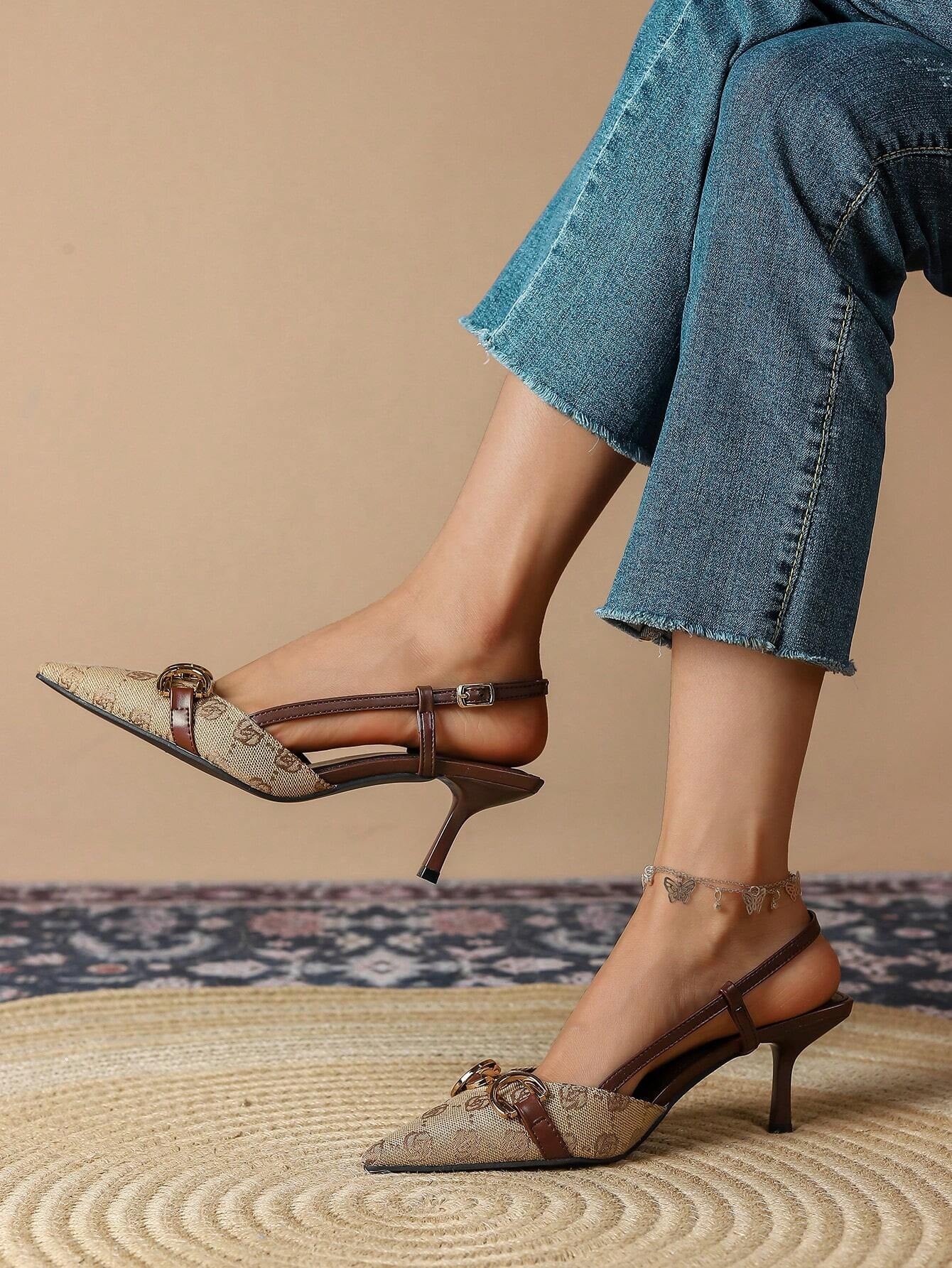 Women'S High Heeled Pointed Toe Shoes with Buckle, Retro Vintage Floral Embroidery and Back Straps