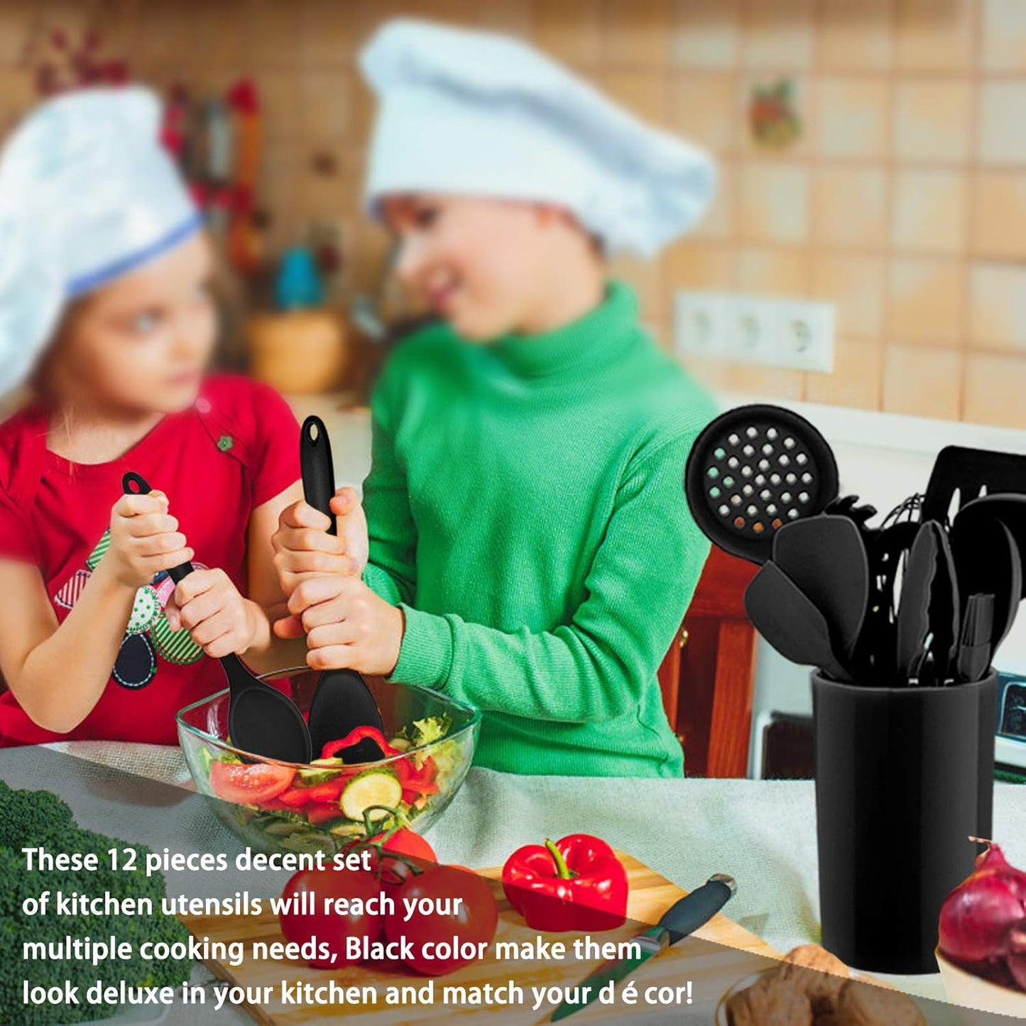Kitchen Utensil Set, 12 Piece Cooking Utensils, Silicone Kitchen Utensils Set with Holder, Heat Resistant Kitchen Tools Include Spoons Turner Spatula Ladle Tong for Non-Stick Cookware, Black