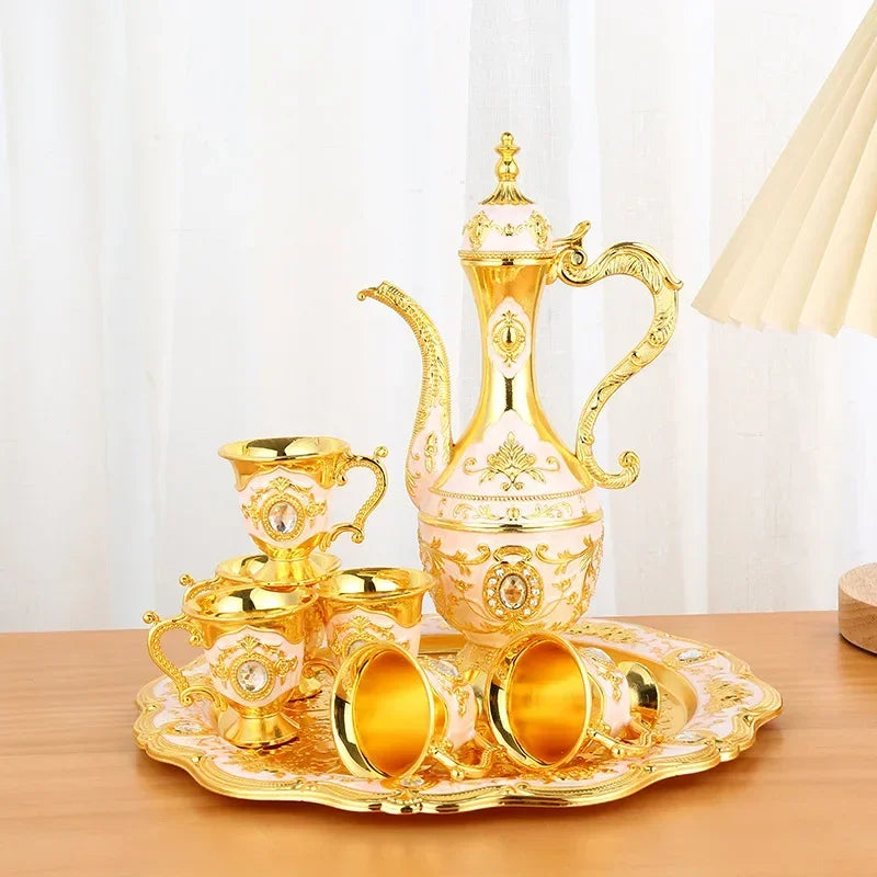 1Set Vintage Metal Turkish Coffee Pot Set European Style Tea Set 6 Luxury Coffee Cups Craft Tea Tray and Teapot for Serving Tea