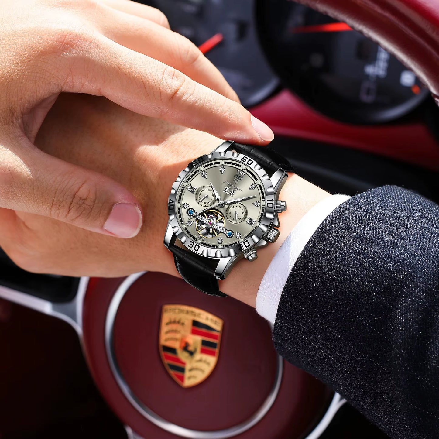 Fashion Men Wristwatch Luxury Hollow Tourbillon Luminous Date Week Man Clock Automatic Mechanical Leather Men'S Watches