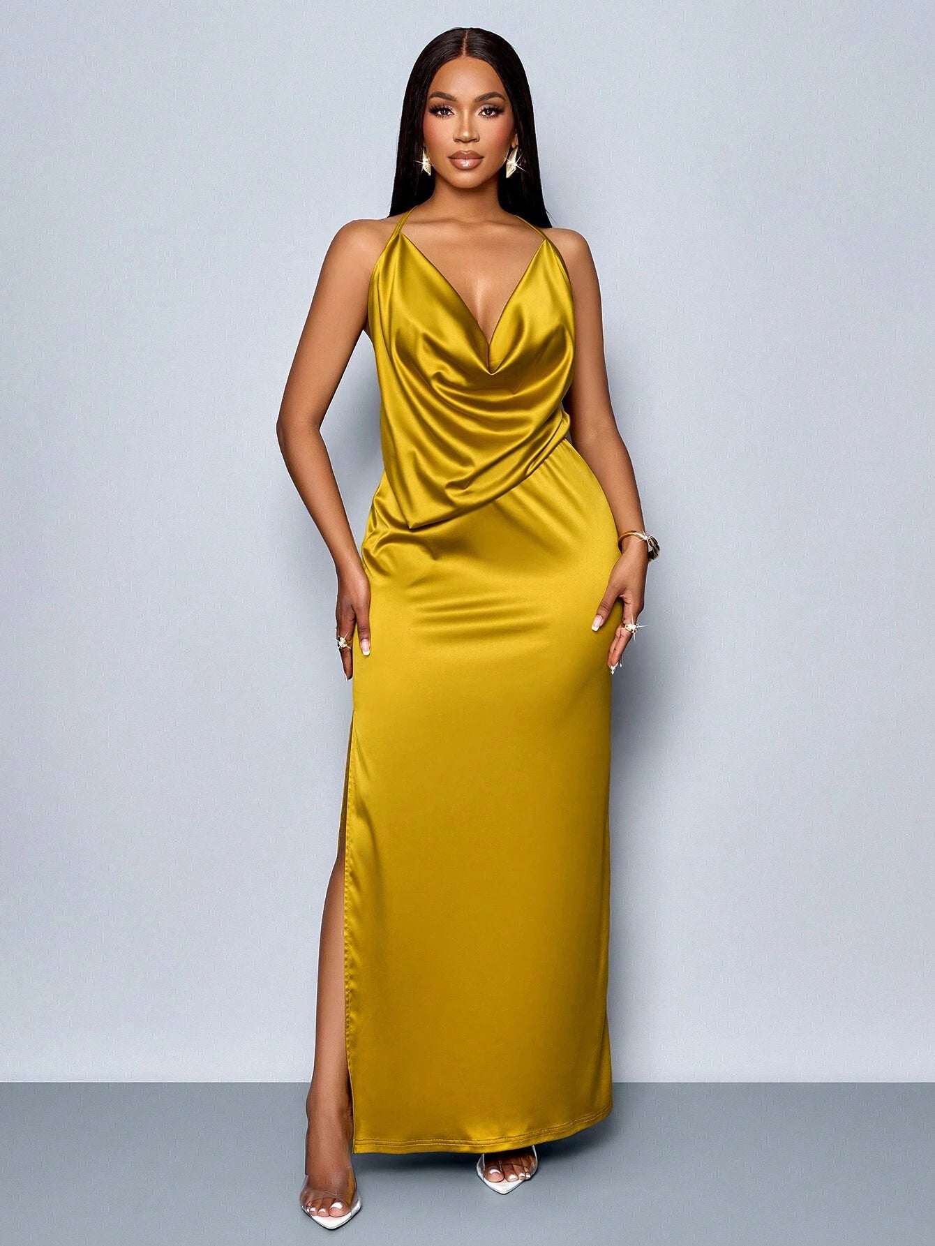 SOLERSUN Suitable for Christmas Party Vacation & Dating Elegant Solid Color Draped Collar Backless High Slit Satin Elegant Bodycon Dress,Valentine'S Day Dating