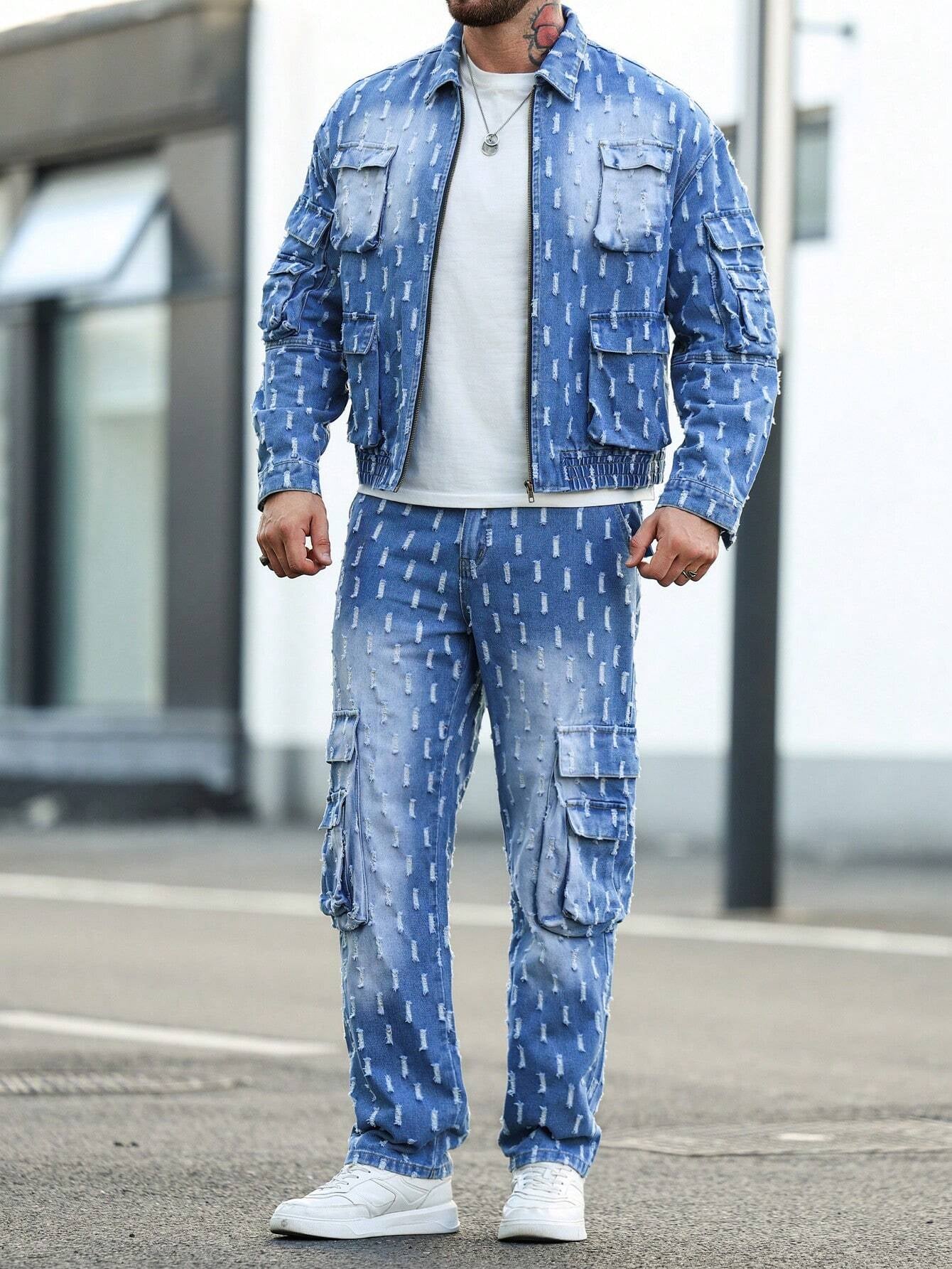 Manfinity Homme Men'S 2Pcs/Set Long Sleeve Jacket and Jeans Pants Casual Suit