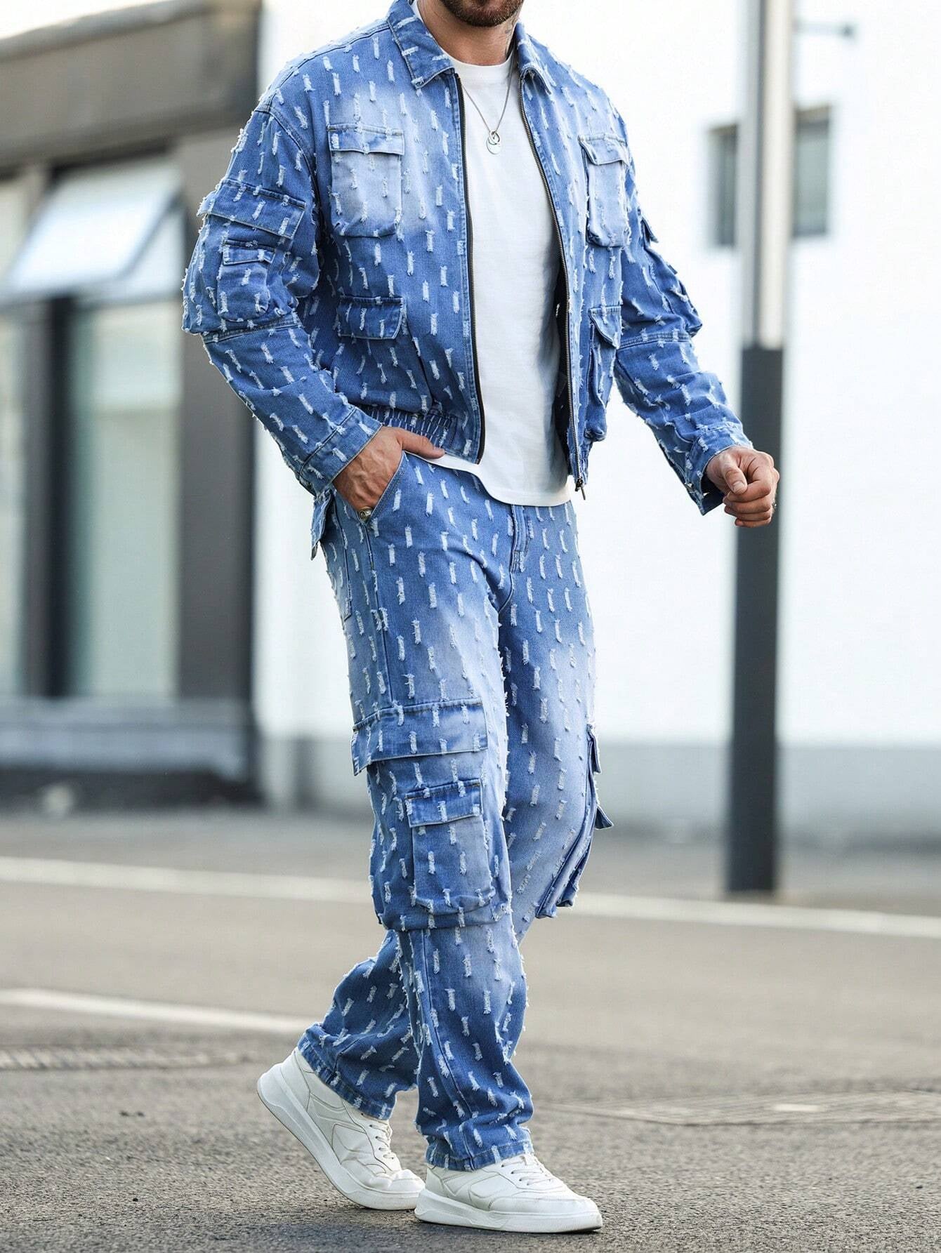 Manfinity Homme Men'S 2Pcs/Set Long Sleeve Jacket and Jeans Pants Casual Suit