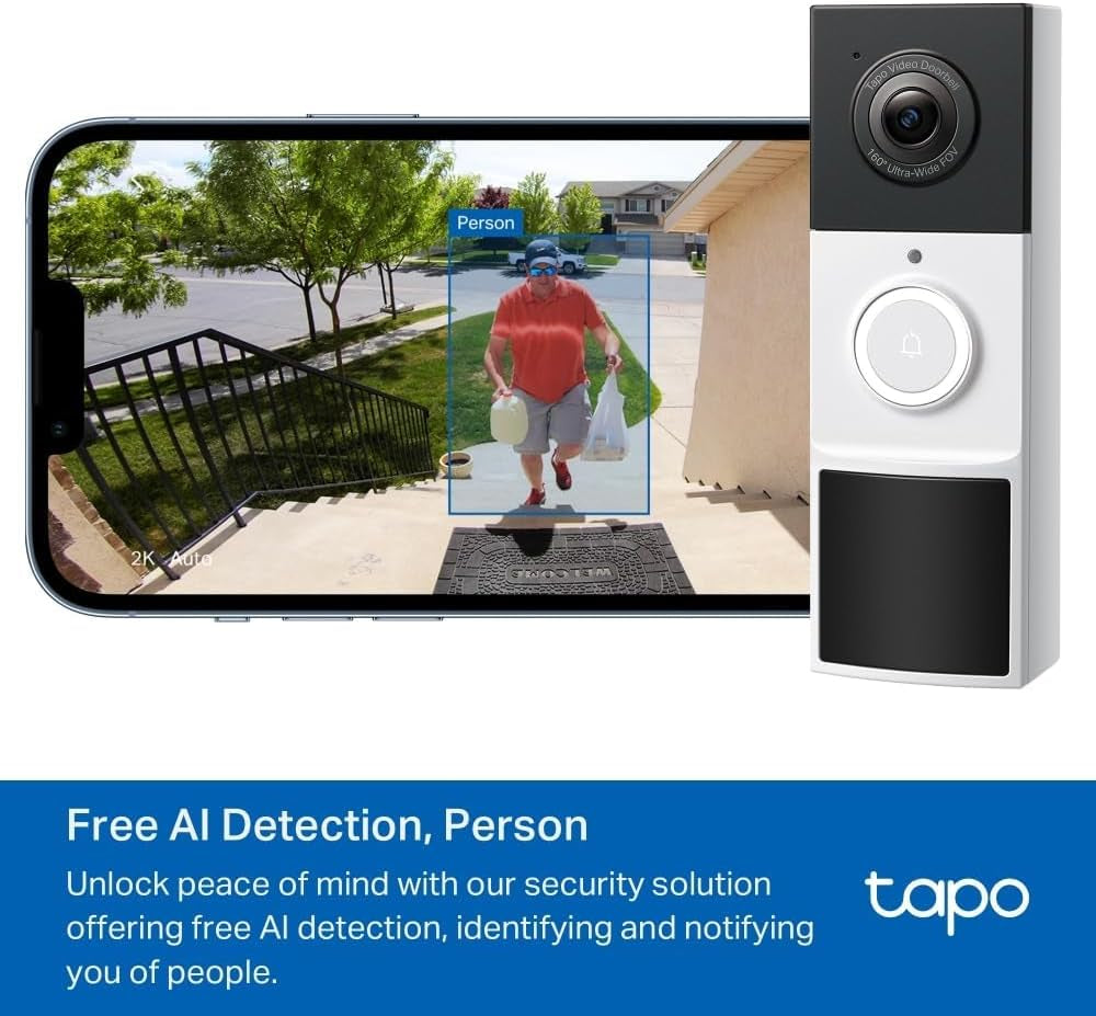 TD21 Battery Video Doorbell Wireless 2K 3MP Ultra-Clear Doorbell Camera, Ring Chime Included, Color Night, 160ยฐDFOV Ultra-Wide, Tp-Link Free AI Detection,Ip65, 6-Month Battery,No Monthly Fee