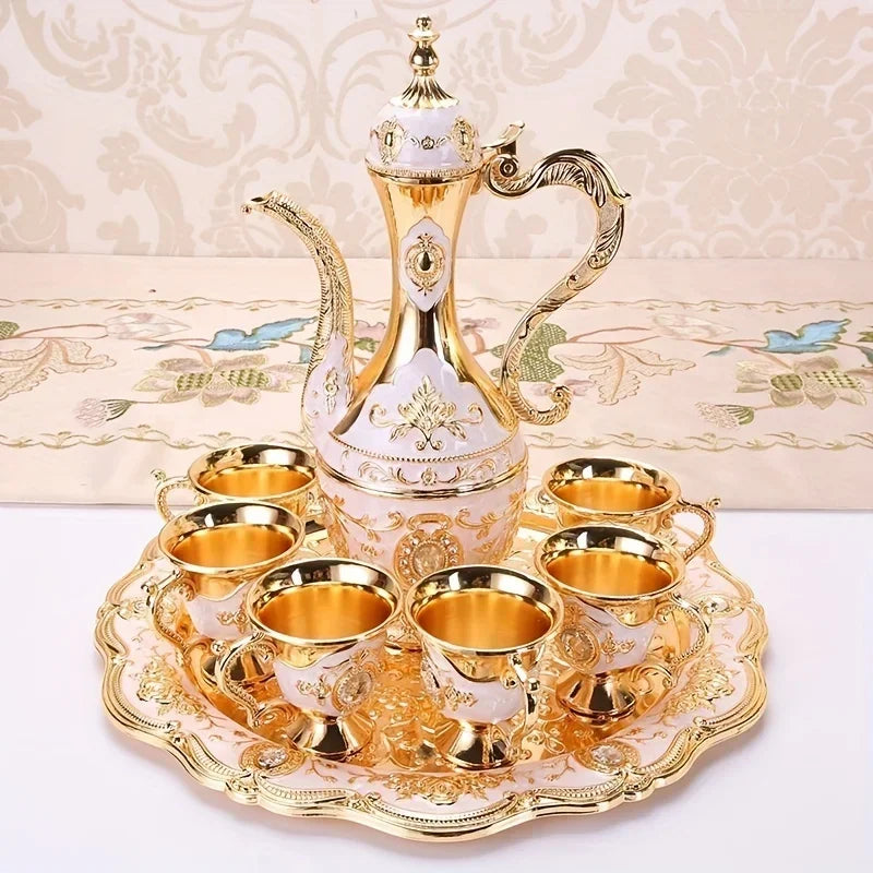 1Set Vintage Metal Turkish Coffee Pot Set European Style Tea Set 6 Luxury Coffee Cups Craft Tea Tray and Teapot for Serving Tea