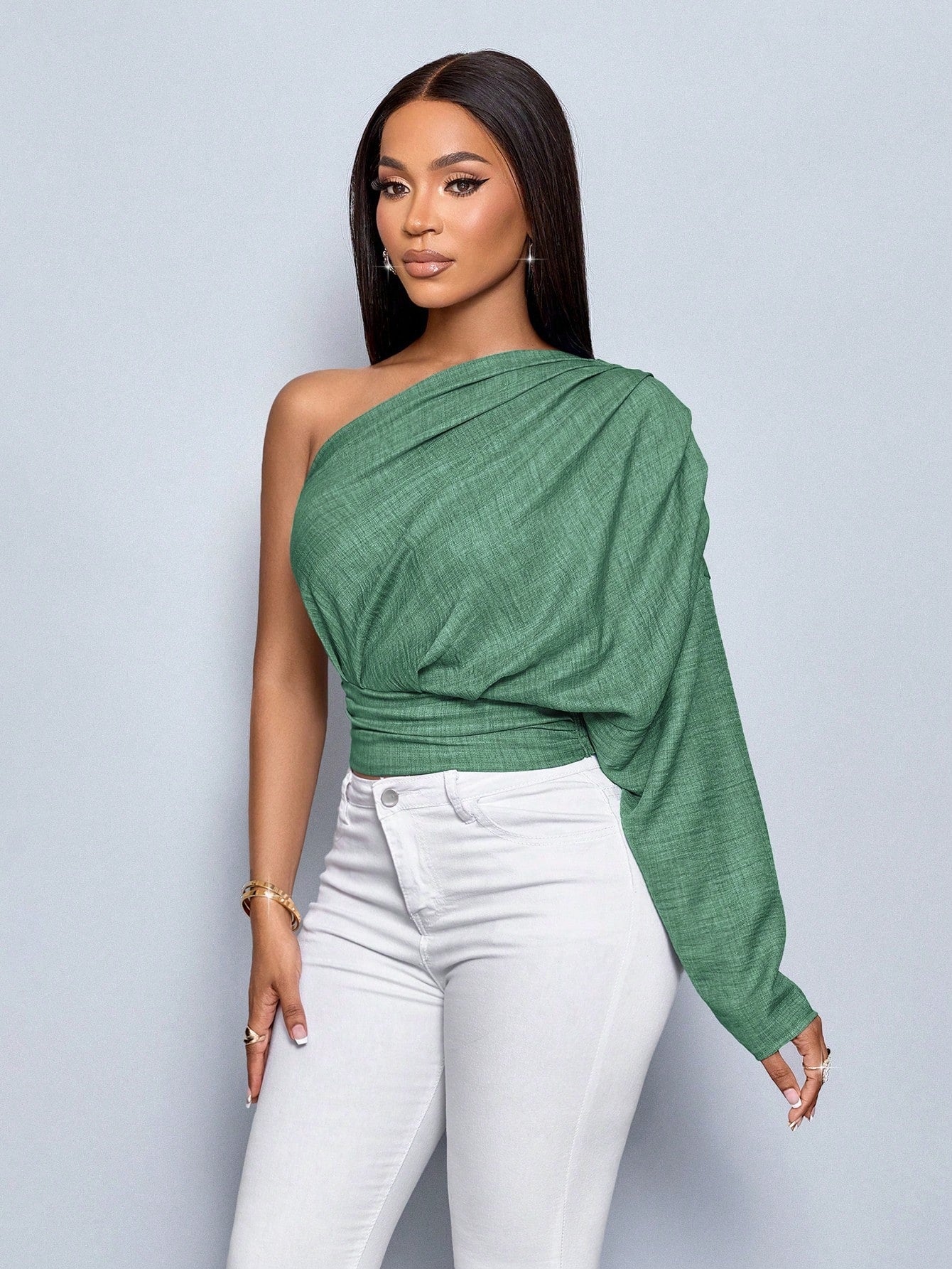 SOLERSUN Women'S Bule Color One Shoulder Pleated Long Sleeve Blouse,Solid Color Minimalist Casual,Winter Clothing,Fall Outfits,Daily Commuting