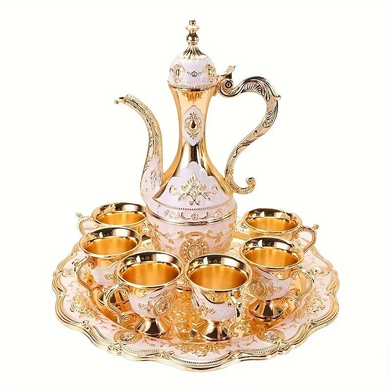 1Set Vintage Metal Turkish Coffee Pot Set European Style Tea Set 6 Luxury Coffee Cups Craft Tea Tray and Teapot for Serving Tea