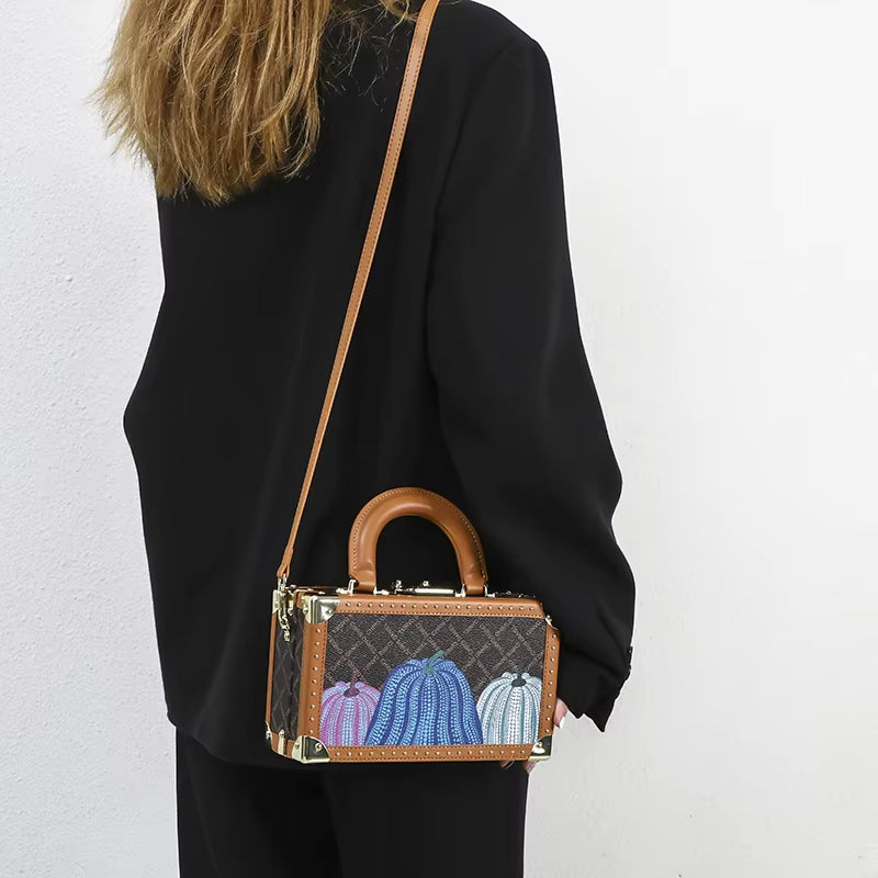 Genuine Leather Women Handbags Evening Bag Top Handle Satchel Crossbody Bag Small Hard Purse Pumpkin Box Bags