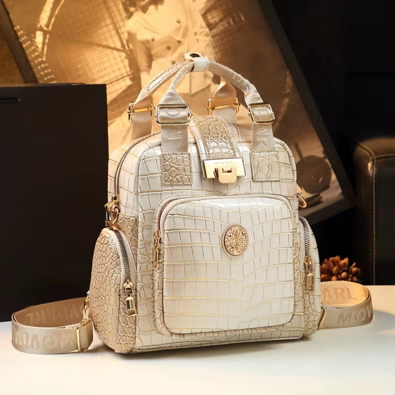 2024 Genuine Leather Women Backpacks Female Handbags Large Capacity Shoulder Crocodile Pattern Backpack Portable Mommy Bag Tide