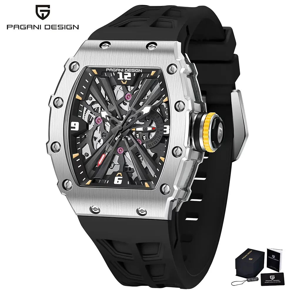 2024 New PAGANI DESIGN Men'S Quartz Watches VH65 Movt Skeleton Dial 100M Waterproof Sport Rectangle Sapphire Glass Watch for Men