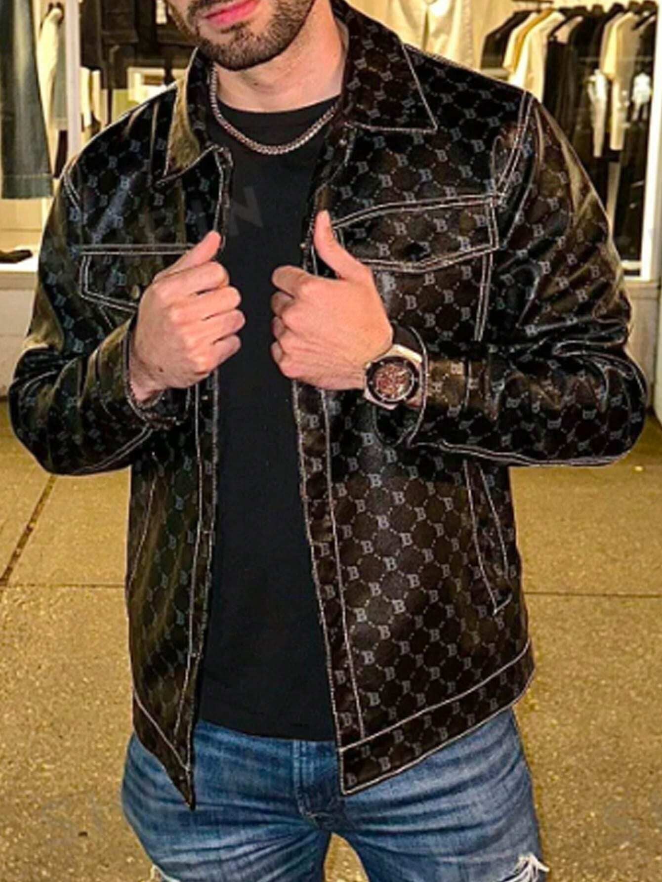 Men Geo Print Flap Pocket Rave Jacket