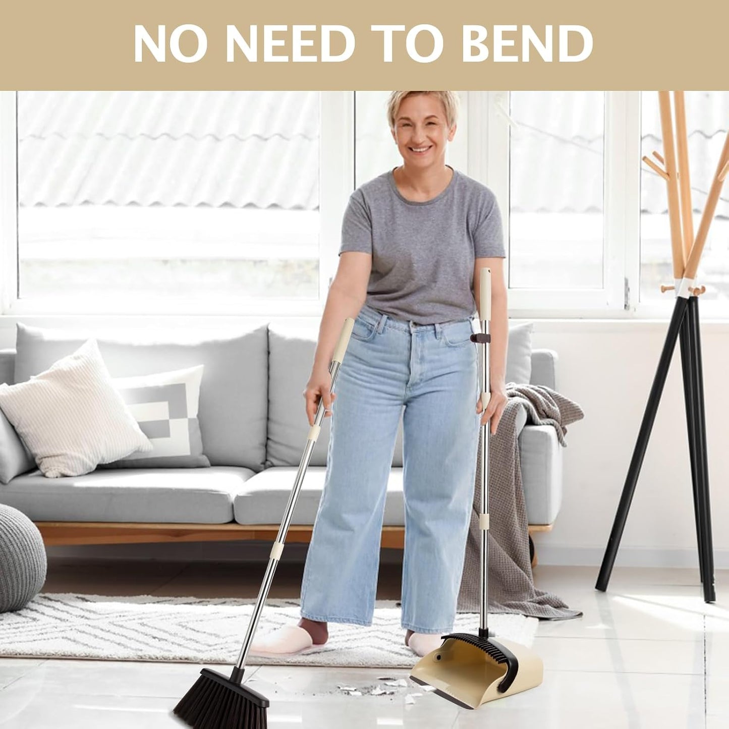 Long Handle Dustpan and Brush Sets, Broom and Dustpan Set with Comb Teeth, Sweeping Brush Set for Indoor Kitchen Lobby Office Sweeping Pet Dog Hair, Household Cleaning Supplies (Brown Beige)