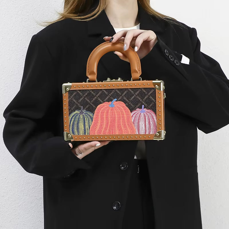 Genuine Leather Women Handbags Evening Bag Top Handle Satchel Crossbody Bag Small Hard Purse Pumpkin Box Bags