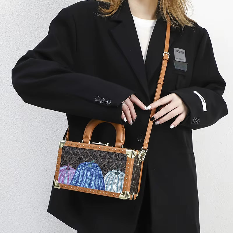 Genuine Leather Women Handbags Evening Bag Top Handle Satchel Crossbody Bag Small Hard Purse Pumpkin Box Bags