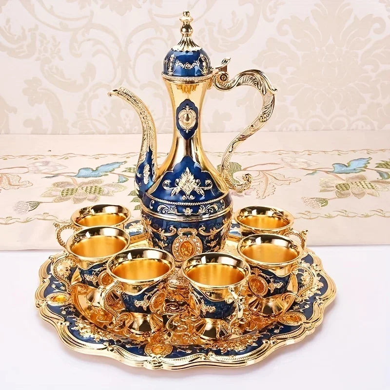 1Set Vintage Metal Turkish Coffee Pot Set European Style Tea Set 6 Luxury Coffee Cups Craft Tea Tray and Teapot for Serving Tea