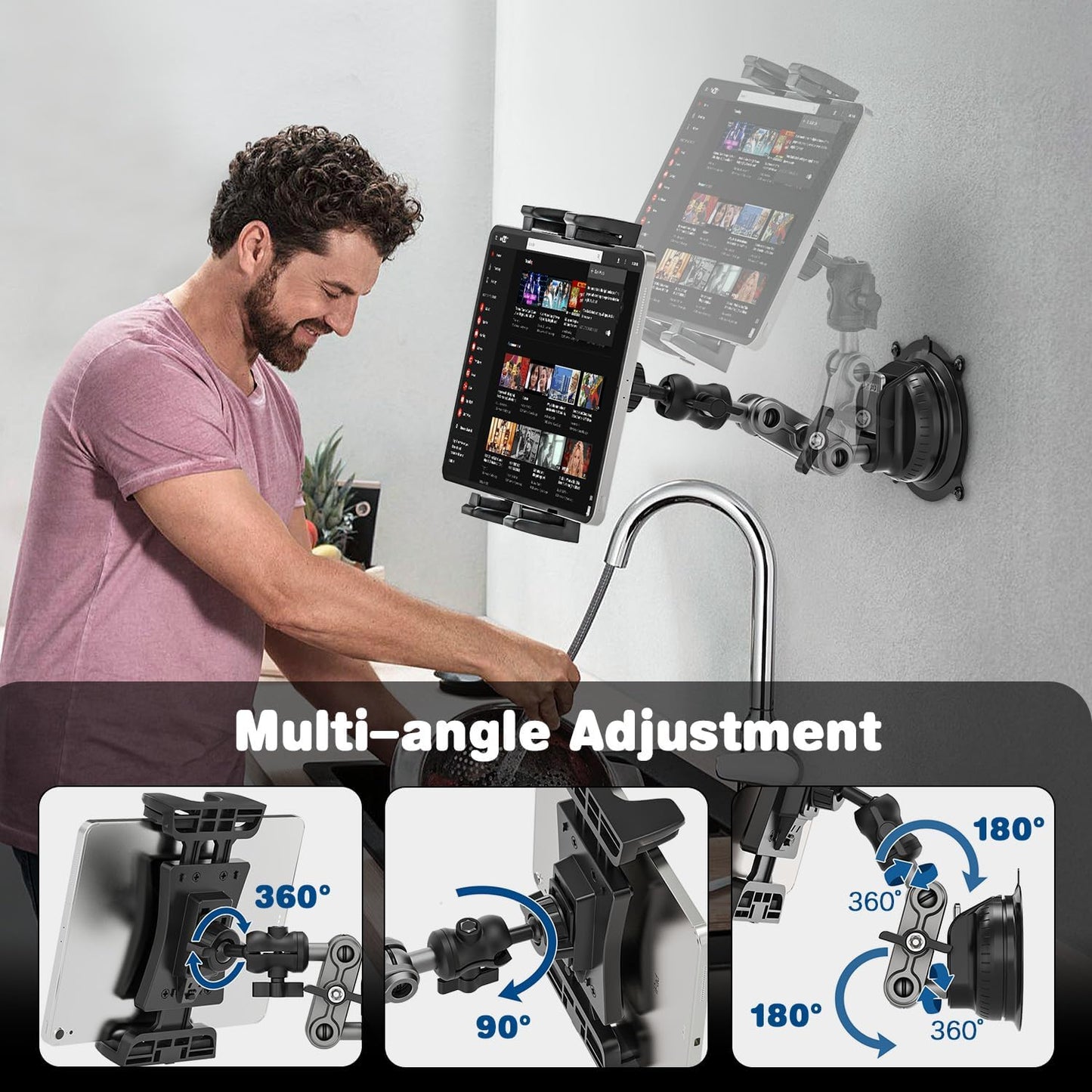 Tablet Holder for Car, 360° Rotate Adjustable Ipad Car Mount with Suction Cup, Dashboard Windshield Tablet Mount Suction Cup for Ipad/Samsung Galaxy, 4.7-12.9" Tablets and Smartphones