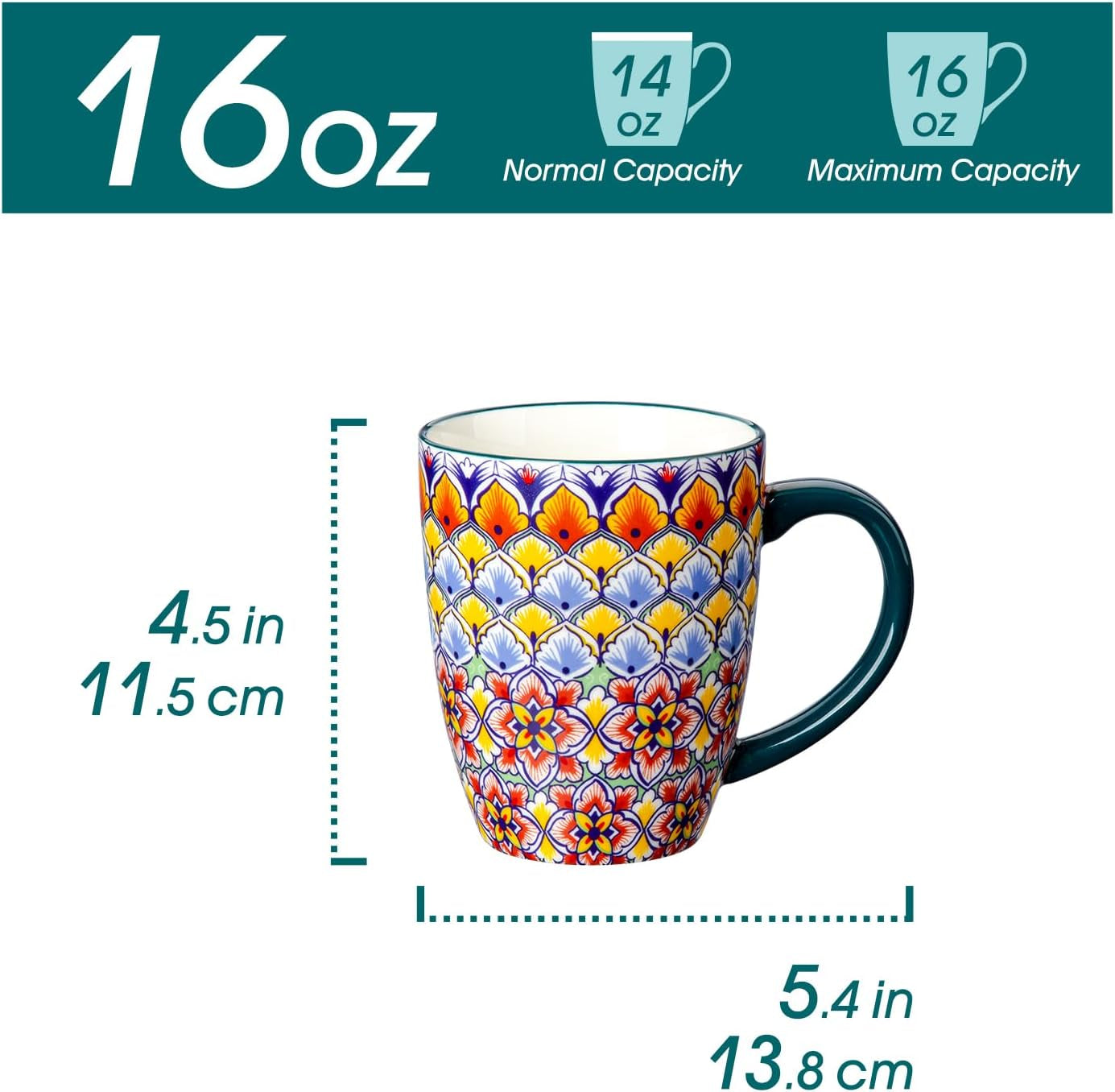 SIMI Mugs Set, 16Oz/480Ml Porcelain Coffee Mug Set of 6, Bohemian Style Tea and Coffee Cups with Handle, Microwave & Dishwasher Safe, Suitable for All Kinds of Drinks
