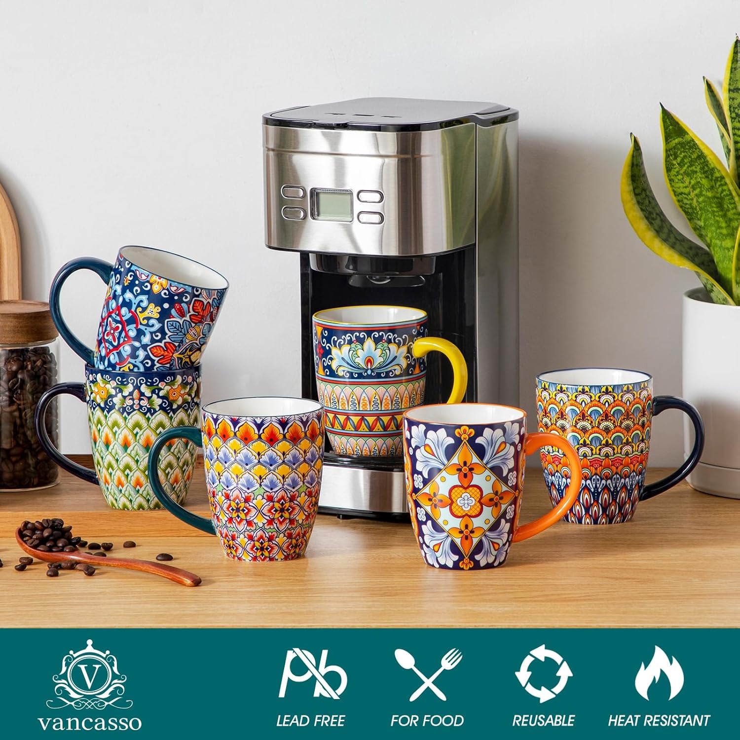 SIMI Mugs Set, 16Oz/480Ml Porcelain Coffee Mug Set of 6, Bohemian Style Tea and Coffee Cups with Handle, Microwave & Dishwasher Safe, Suitable for All Kinds of Drinks