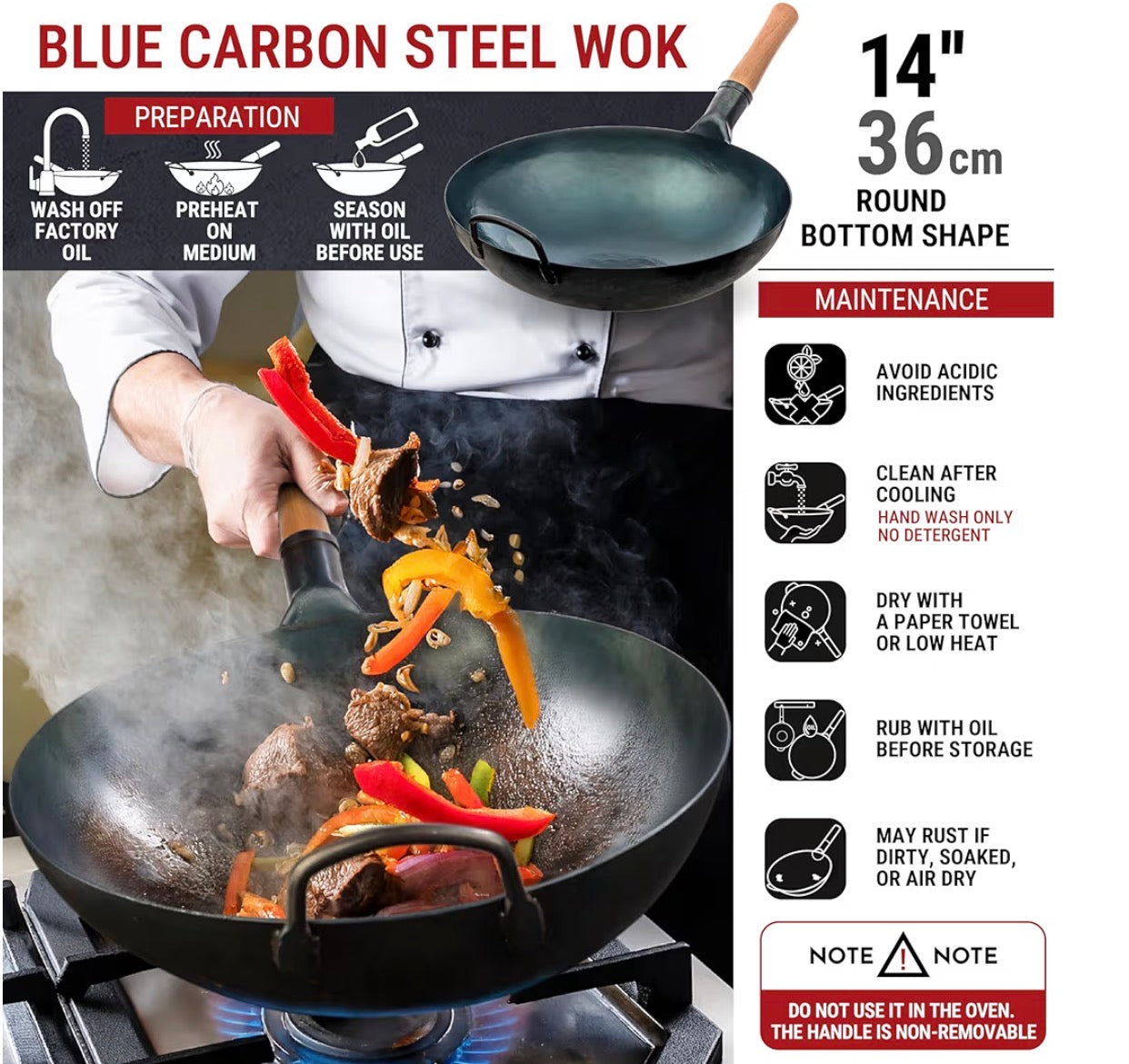YOSUKATA 36 cm Round Bottom Carbon Steel Wok Pan – Blue Pre-Seasoned Pow Wok for Stir Fry, BBQ, Grill & Camping – Traditional Japanese & Chinese Cookware – Compatible with Gas Stoves & Open Fire Only