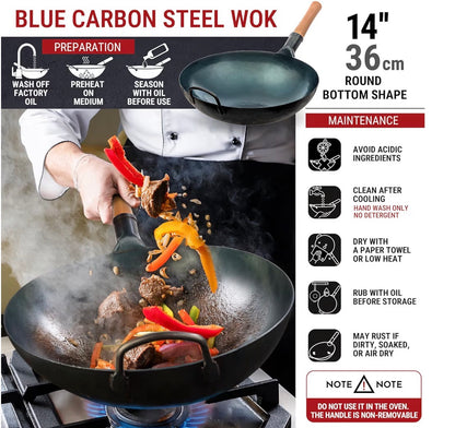 YOSUKATA 36 cm Round Bottom Carbon Steel Wok Pan – Blue Pre-Seasoned Pow Wok for Stir Fry, BBQ, Grill & Camping – Traditional Japanese & Chinese Cookware – Compatible with Gas Stoves & Open Fire Only