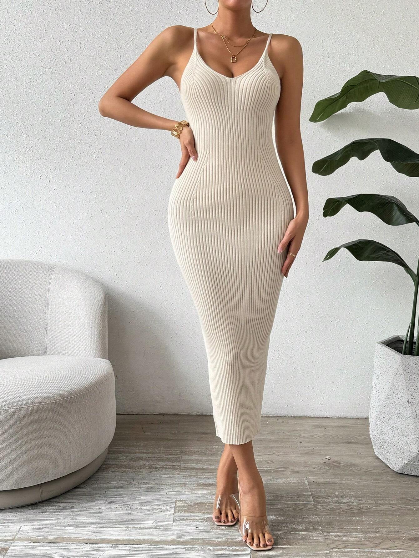 Raffinée Women's Elegant Solid Color Slim Fit Sleeveless Knit Sweater Dress