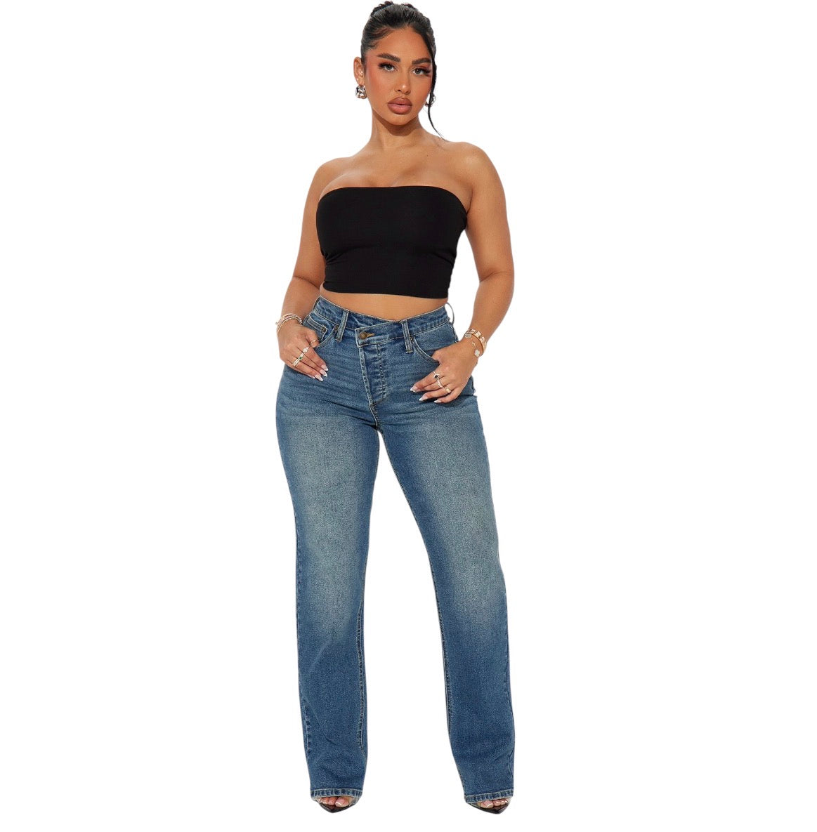 In Sync Stretch Crossover Straight Leg Jeans Dark Wash