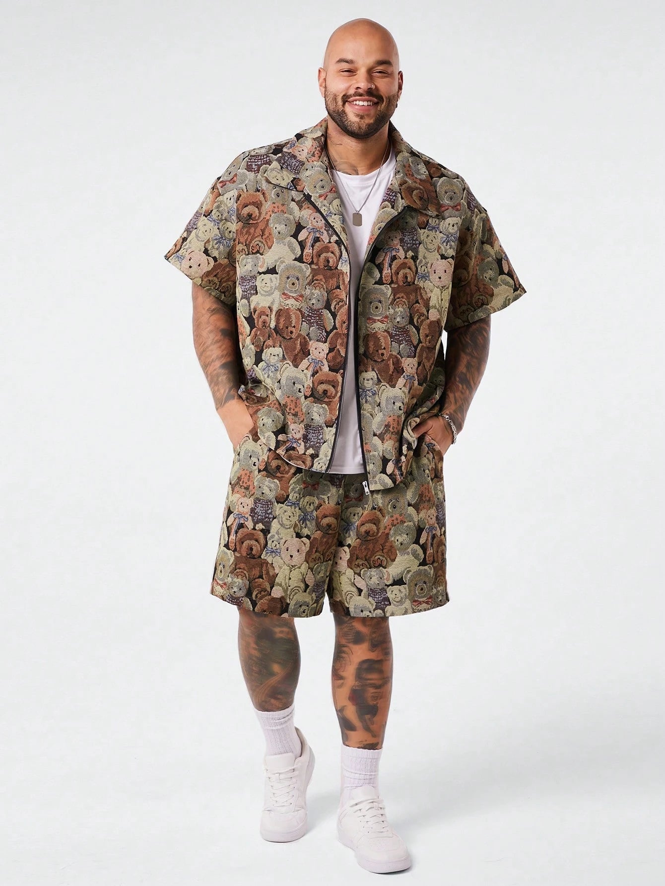 EASEVO 2Pcs/Set plus Size Men Relaxed Bear Print Zip-Up Shirt and Pants Set