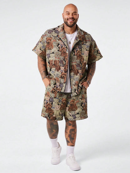 EASEVO 2Pcs/Set plus Size Men Relaxed Bear Print Zip-Up Shirt and Pants Set