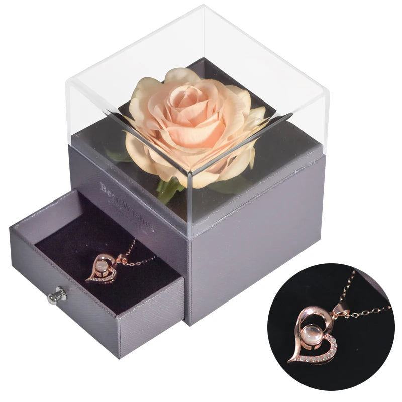 Eternal Rose Jewelry Box with 100 Languages "I Love You" Necklace – The Ultimate Romantic Gift!