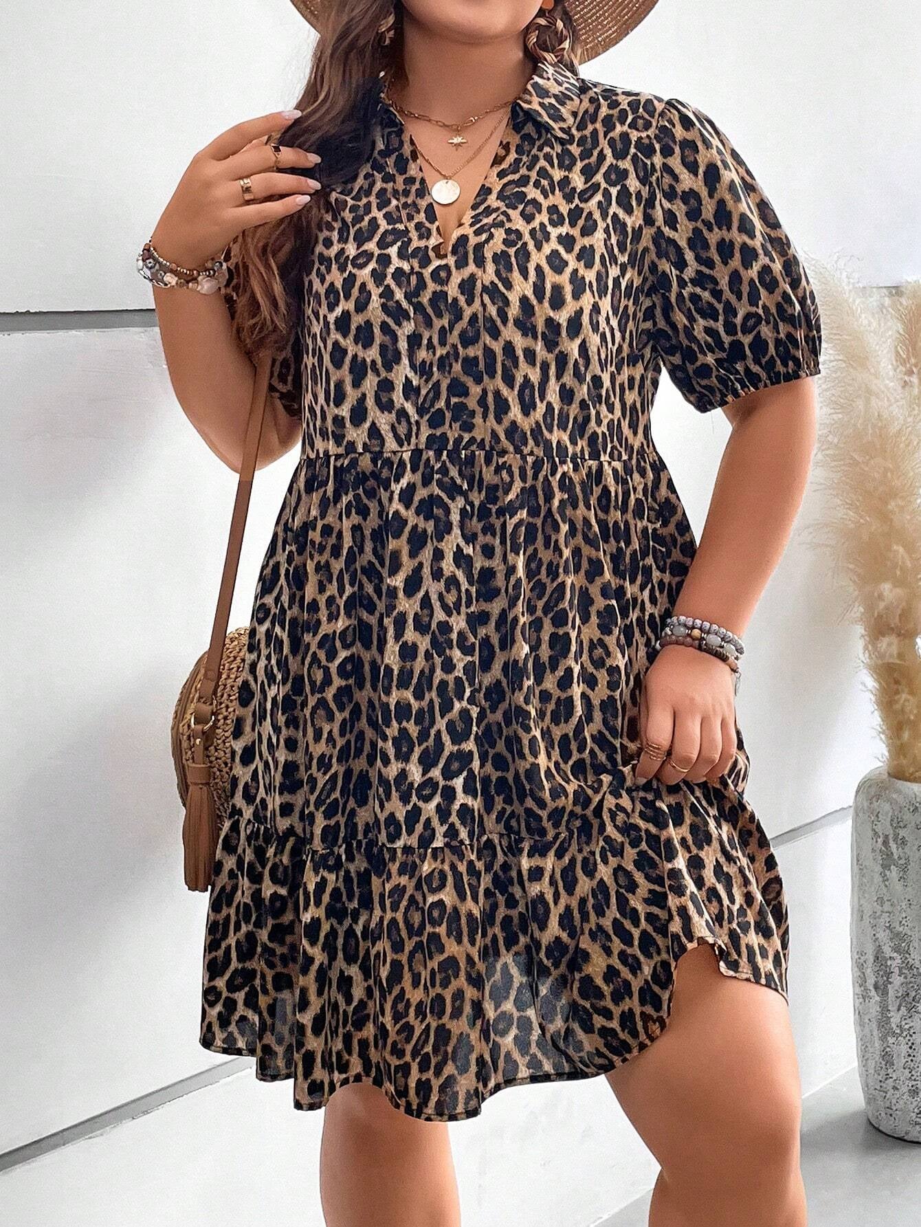 LUNE Plus Size Leopard Print Puff Sleeve Ruffled Hem Smock Dress