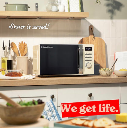 Russell Hobbs Digital Microwave 20L 800W in Cream with 5 Power Levels, Pull Handle Door & Button Control, Clock & Timer, Automatic Defrost, Easy Clean, 8 Auto Cook Menus RHMD818C