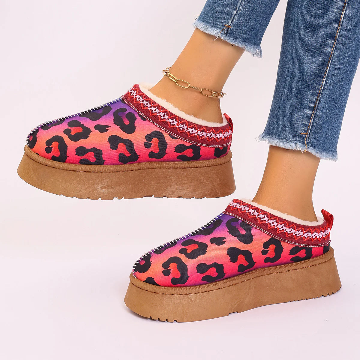 Women'S Cartoon Christmas Print Ankle Boots Casual Slip on Plush Lined Home Shoes Comfortable Winter Short Boots