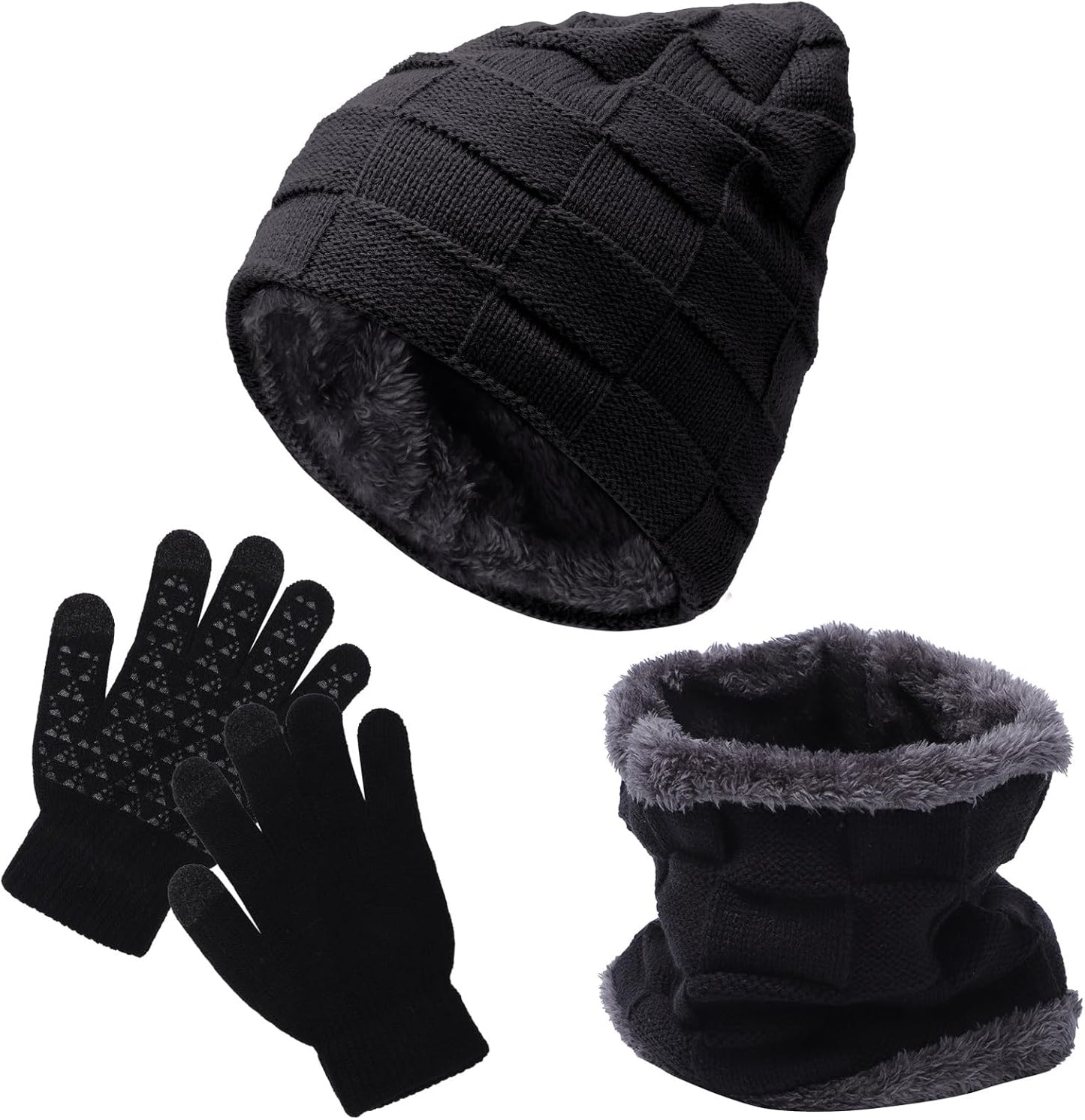 3Pcs Kids Hat Scarf Gloves Set, Winter Knitted Fleece Lined Beanie Hat Neck Warmer Touch Screen Gloves for Girls Boys