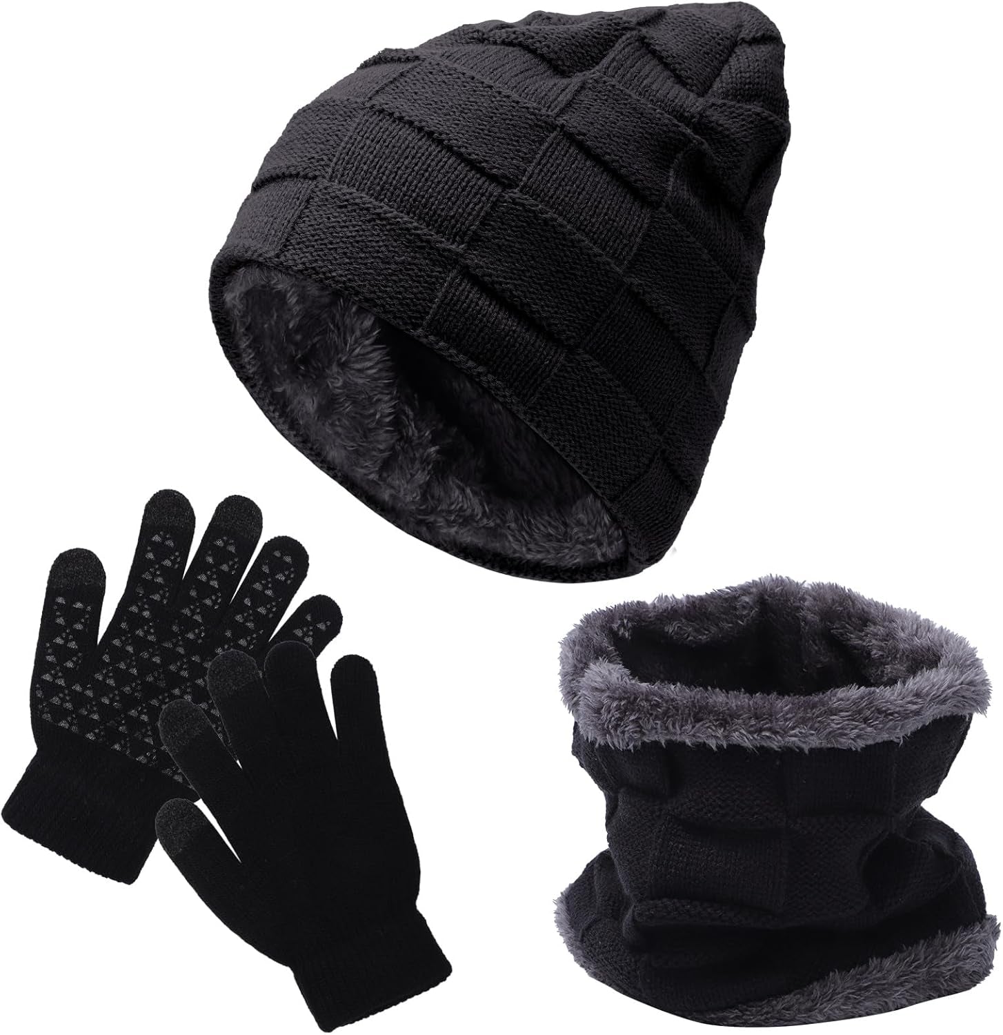 3Pcs Kids Hat Scarf Gloves Set, Winter Knitted Fleece Lined Beanie Hat Neck Warmer Touch Screen Gloves for Girls Boys