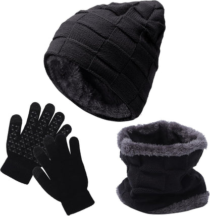 3Pcs Kids Hat Scarf Gloves Set, Winter Knitted Fleece Lined Beanie Hat Neck Warmer Touch Screen Gloves for Girls Boys