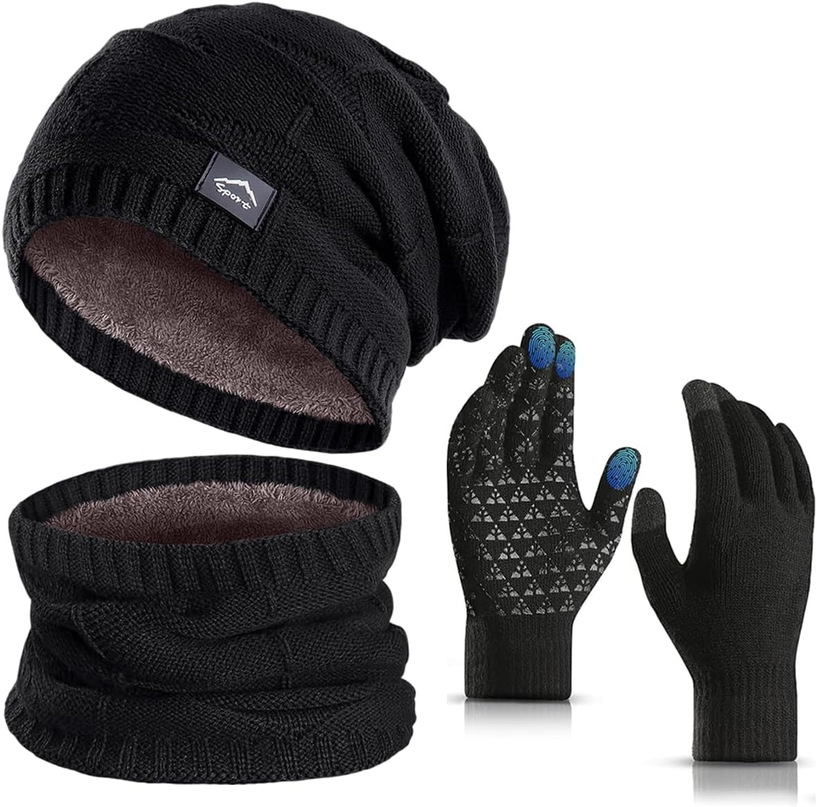 Winter Beanie Hat Scarf Touchscreen Gloves Set for Men Women,Slouchy Knit Ski Cap Neck Warmer with Fleece Lined for Unisex