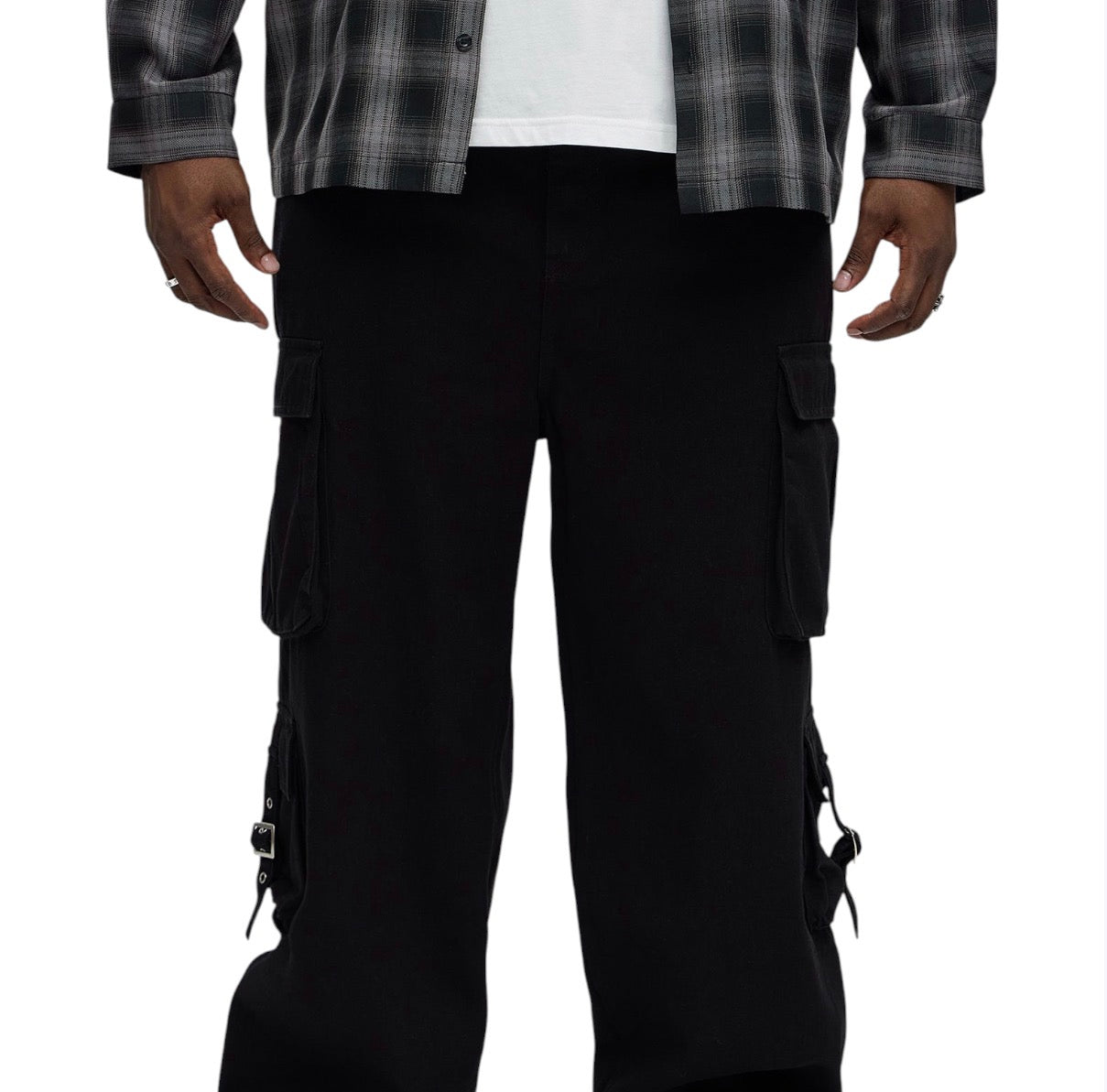 These Streets Cargo Buckle Straps Baggy Jeans Black